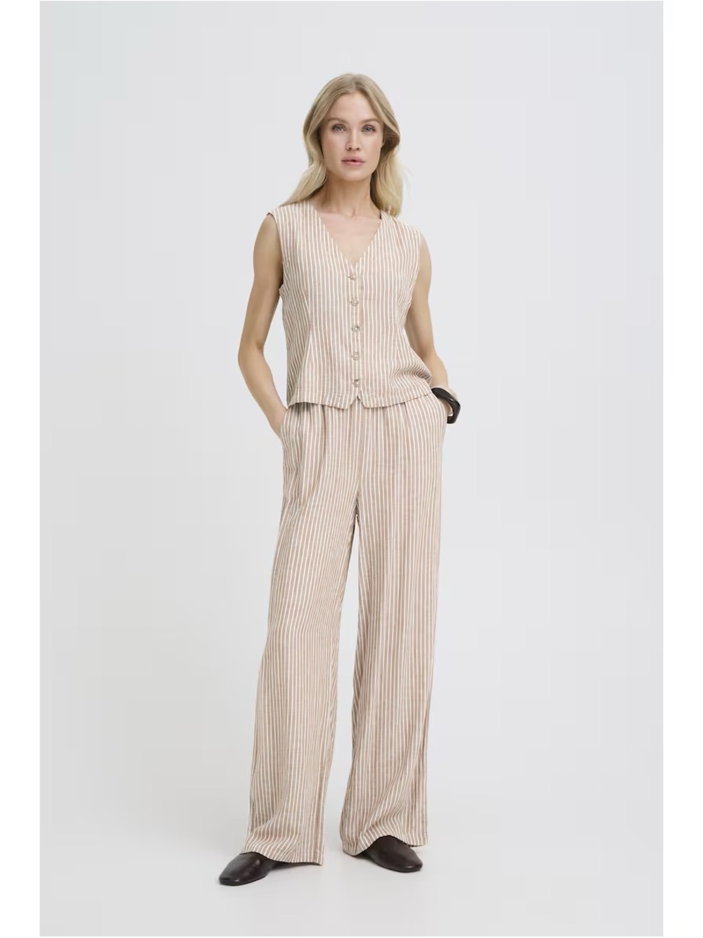 Striped Beige Wide-Leg Pants - Neutral Linen-Feel
